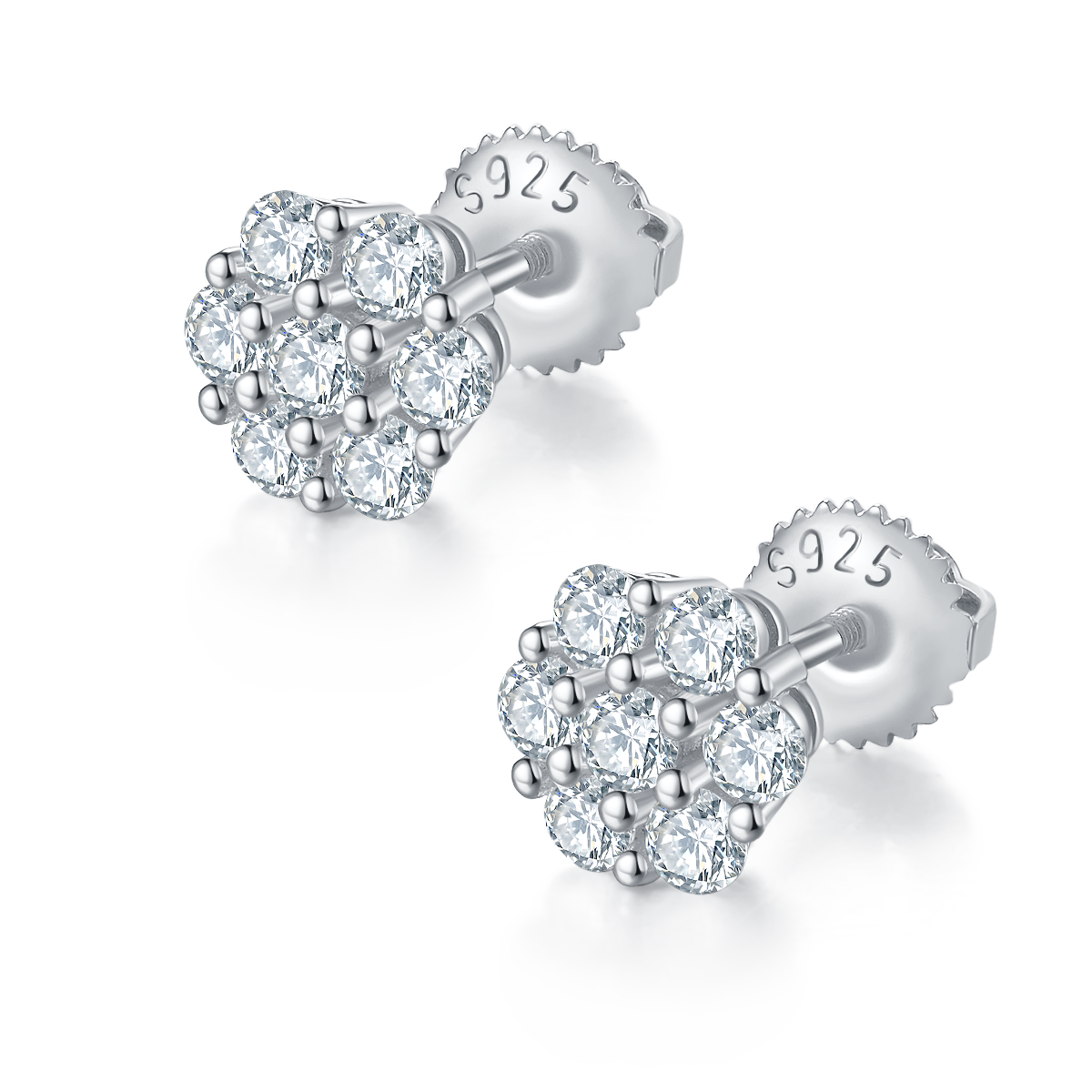 Round Plum Blossom S925 Silver Ear Nail with Thread Moissanite Grade D 0.84CT